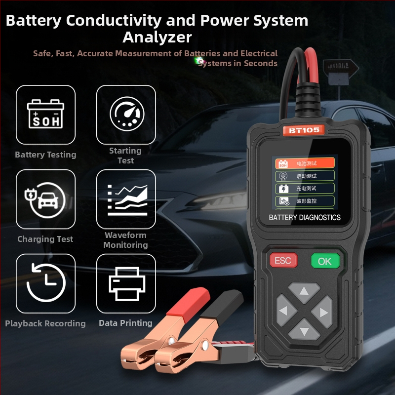 Όργανο διάγνωσης μπαταριών αυτοκινήτων – 12/24V, Bt105, Ανάλυση βλαβών μπαταρίας, Συμβατό με αυτοκίνητα, μοτοσικλέτες και φορτηγά