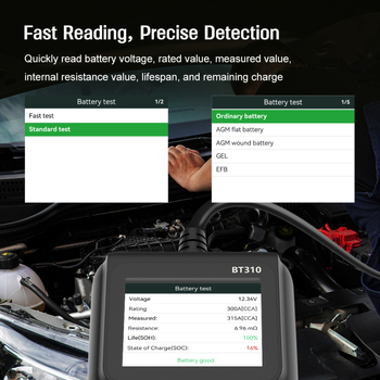 BT310 Auto baterija dijagnostički tester s detekcijom OBD2, 9–35V, -20°C do 60°C