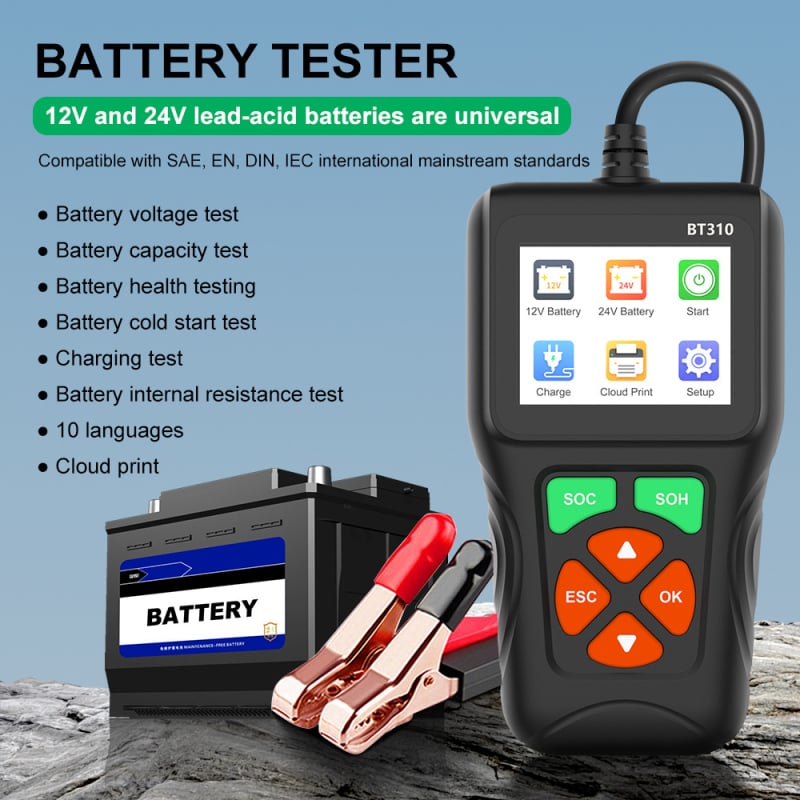 BT310 Auto baterija dijagnostički tester s detekcijom OBD2, 9–35V, -20°C do 60°C
