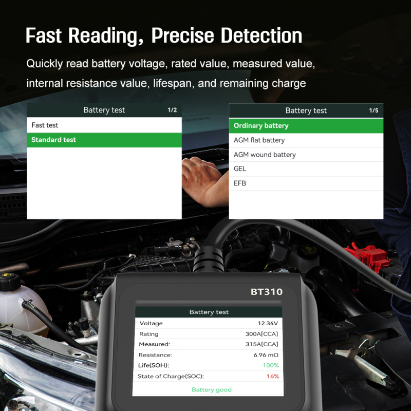 BT310 Auto baterija dijagnostički tester s detekcijom OBD2, 9–35V, -20°C do 60°C
