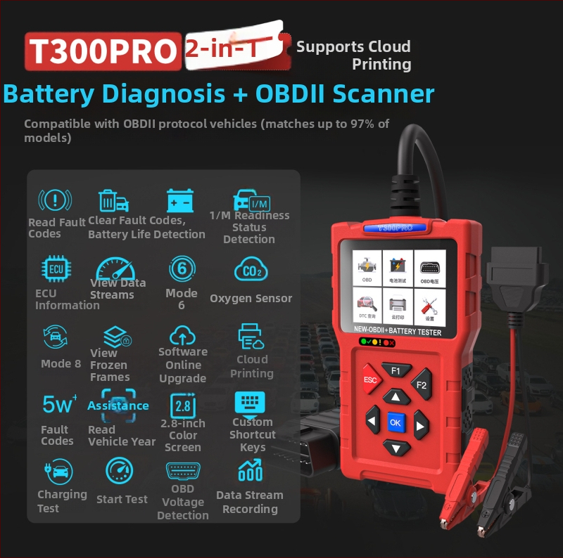 Automobilový diagnostický prístroj T300 – OBD2 čítač kódov motora, 8-30V, 20-60°C, vhodný pre spaľovacie vozidlá
