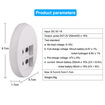USB okos töltő 9V-os elemekhez, 2 rekesz, bemenet 5V 1A, kimenet 9V