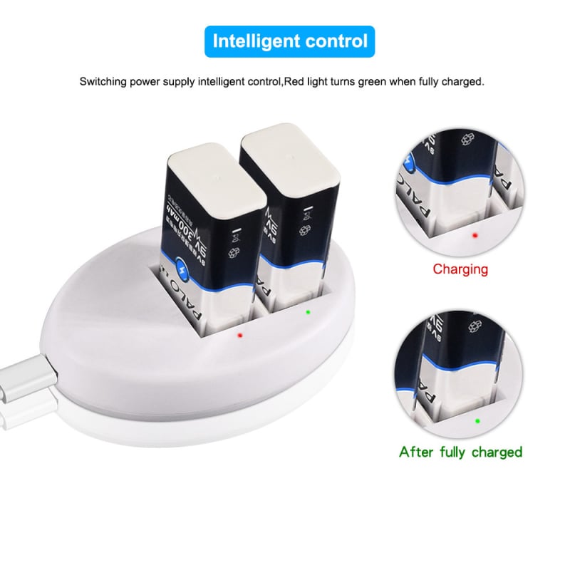 USB okos töltő 9V-os elemekhez, 2 rekesz, bemenet 5V 1A, kimenet 9V