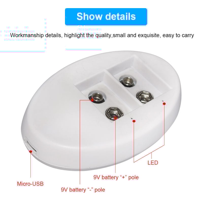 USB okos töltő 9V-os elemekhez, 2 rekesz, bemenet 5V 1A, kimenet 9V