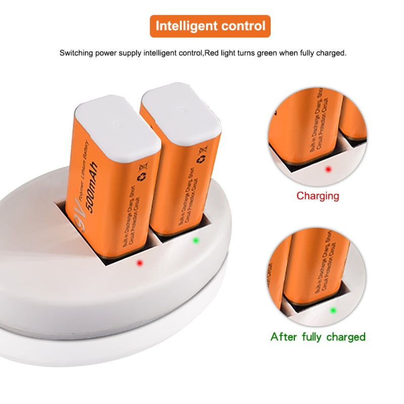 USB okos töltő 9V-os elemekhez, 2 rekesz, bemenet 5V 1A, kimenet 9V