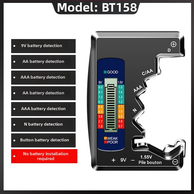 BT158 Detektor sily batérie – Digitálny LCD displej, meranie zostávajúcej energie, tester napätia a kapacity pre univerzálnu batériu
