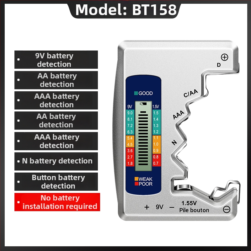 BT158 Detektor sily batérie – Digitálny LCD displej, meranie zostávajúcej energie, tester napätia a kapacity pre univerzálnu batériu