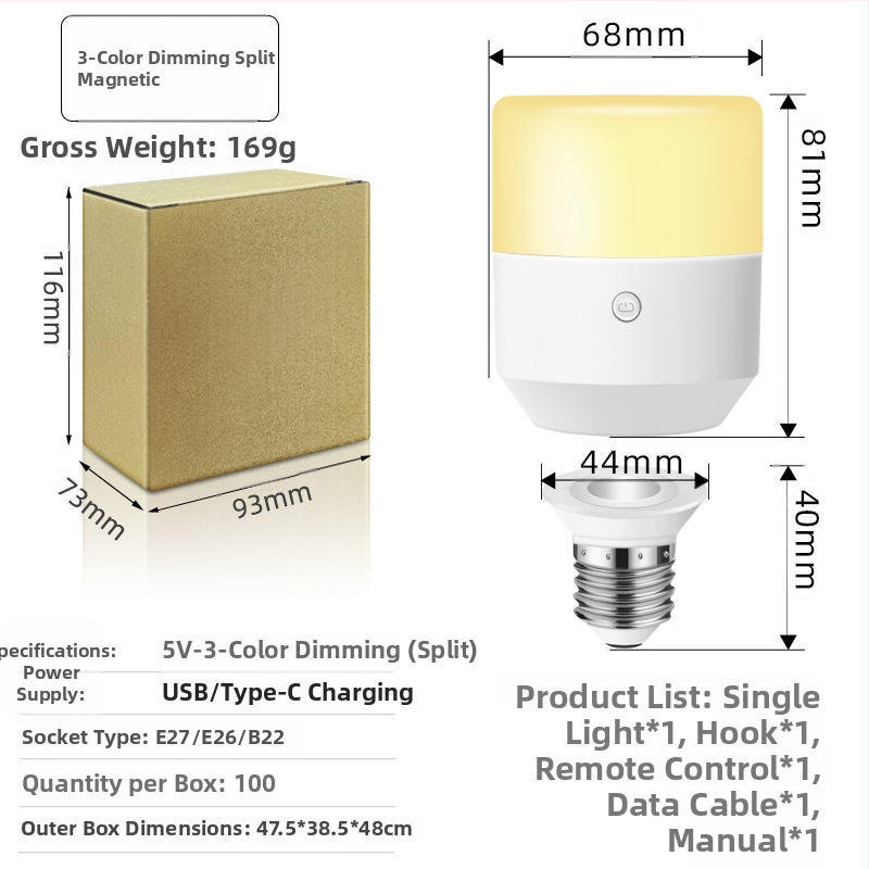LED nočná lampička s diaľkovým ovládaním, bez kabeláže, nabíjateľná batéria, nastaviteľná jas, 5V, 5W, IP20