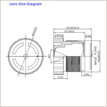 M12 интерфейс, 10 мм фиксиран фокус обектив, ниско изкривяване, съвместим с 1/1.8in сензор, филтър диаметър 9 мм