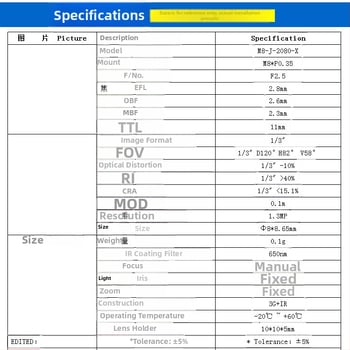 Леща с фиксиран фокус, широкоугълна 2,8 мм, монтаж M8, метален корпус, 1/3-инчен сензор, диагонал 120°