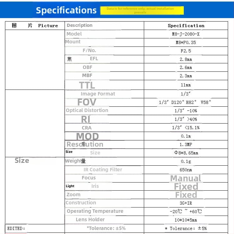 Леща с фиксиран фокус, широкоугълна 2,8 мм, монтаж M8, метален корпус, 1/3-инчен сензор, диагонал 120°