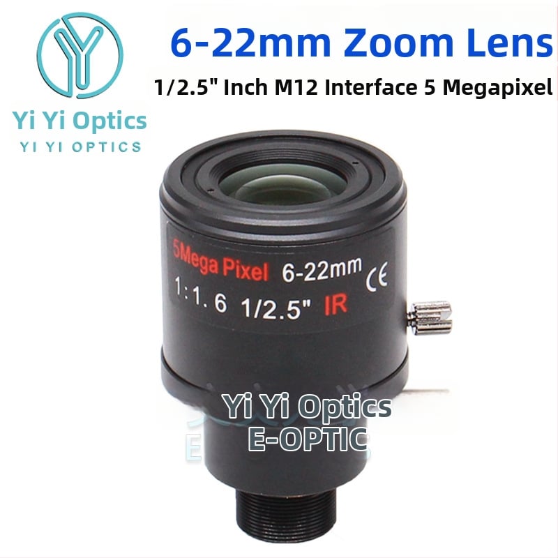 Зум обектив с ръчен зум и заключване, 6-22 мм, M12 интерфейс, F1.6, формат 1/2.5-инчов сензор, минимално фокусно разстояние 0.3 м