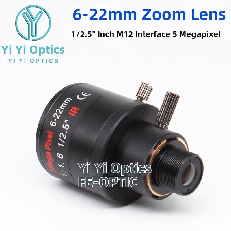 Зум обектив с ръчен зум и заключване, 6-22 мм, M12 интерфейс, F1.6, формат 1/2.5-инчов сензор, минимално фокусно разстояние 0.3 м