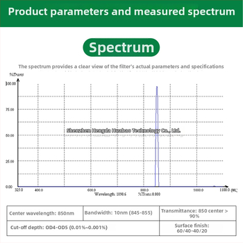 Filtr ultraúzky pás 850 nm, šírka pásma 10 nm, prenos v strednom pásme ≥94%, OD4-OD5 odrezovací filter