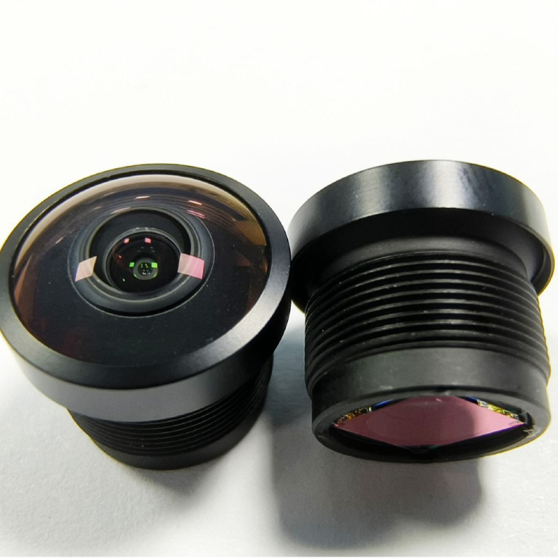 Обектив рибешко око за автомобилна камера, фиксиран фокус, 200° широк ъгъл, 1.83 мм фокусно разстояние, максимална бленда f/2.8, филтър Ø14, конектор M12×P0.5, структура 6G+IR