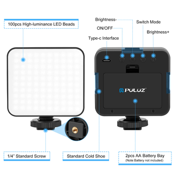 PULUZ Lumină Foto Mini cu Temperatură Tri-Color, 5W, pentru Cameră Digitală, Compatibil cu Blitz (Hot Shoe), LED Pătrat