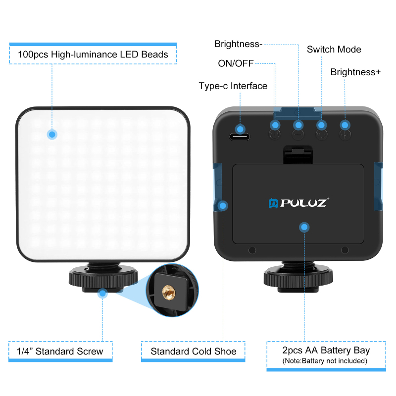 PULUZ Lumină Foto Mini cu Temperatură Tri-Color, 5W, pentru Cameră Digitală, Compatibil cu Blitz (Hot Shoe), LED Pătrat