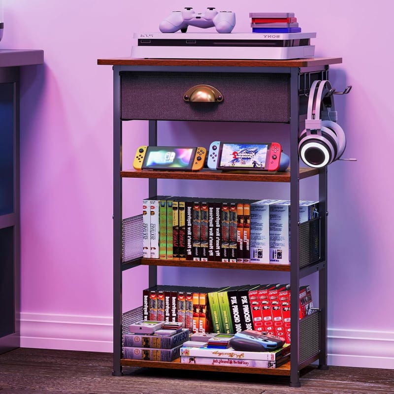 Ράφι κονσολών παιχνιδιών με δύο γάντζους, μεταλλικός πύργος τεσσάρων επιπέδων με συρτάρια και πολυεπίπεδη αποθήκευση – απαιτείται συναρμολόγηση