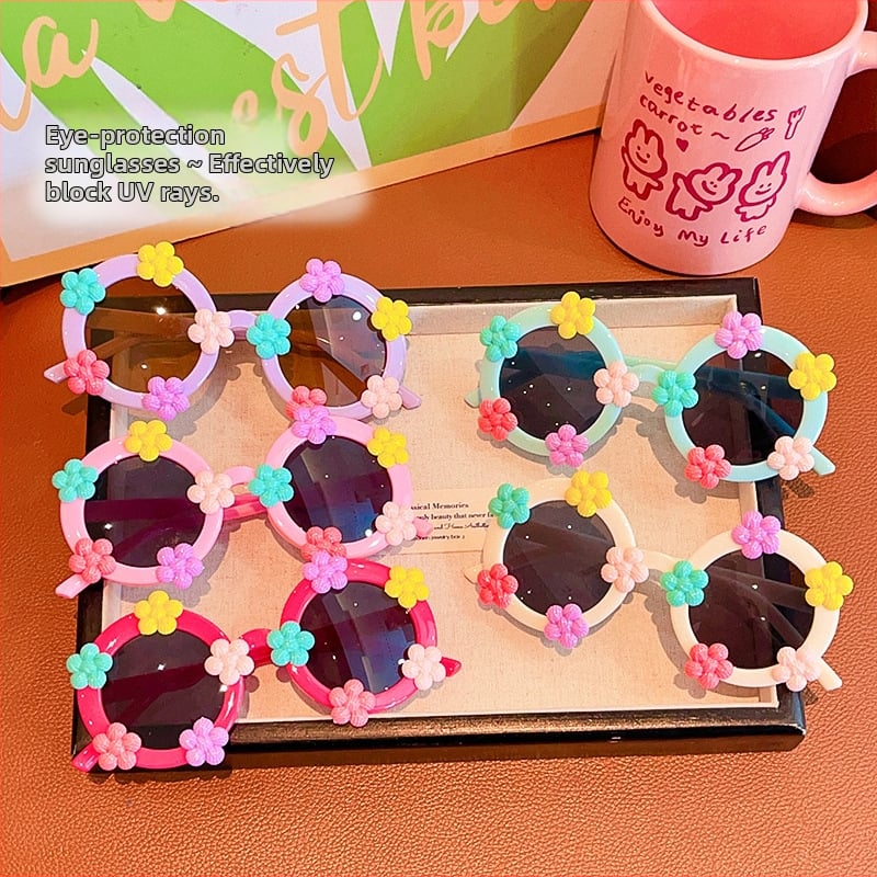 Vaikų saulės akiniai, apvalus gėlių rašto rėmas, poliarizuoti UV380, klipu rėmas, 2025 pavasaris