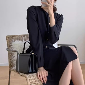 Haljina - Korejskog stila jesenji chic: okrugli izrez, jednostruko kopčanje, plisirana silueta, srednja duljina, naborasti rukavi