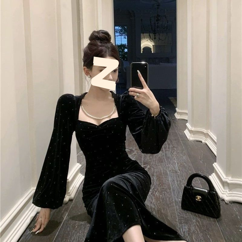Haljina od baršuna, Hepburn stil, kvadratan izrez, dugi puffani rukavi, riblja rep