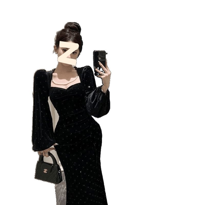 Haljina od baršuna, Hepburn stil, kvadratan izrez, dugi puffani rukavi, riblja rep