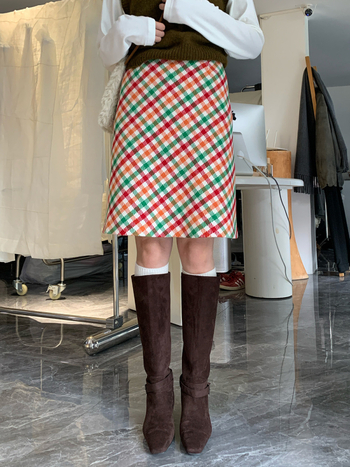 Ženska A-linijska midi suknja, visoki struk, vunena mješavina, karirani uzorak, retro francuski stil