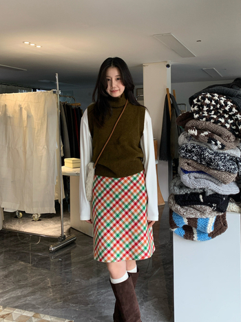 Ženska A-linijska midi suknja, visoki struk, vunena mješavina, karirani uzorak, retro francuski stil