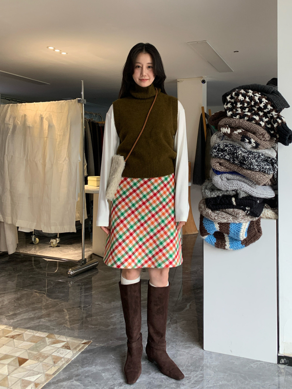 Ženska A-linijska midi suknja, visoki struk, vunena mješavina, karirani uzorak, retro francuski stil