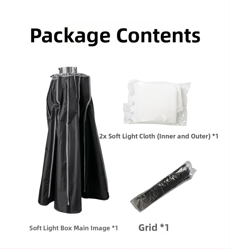 Parabolická hlboká softbox pre mäkké svetlo, model  KFT030, materiál hliníková zliatina, nosnosť 2–5 kg, hmotnosť 2,1 kg