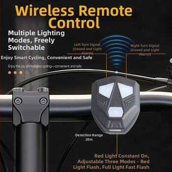 Велосипедна проекционна задна светлина с USB-C зареждане, вградена 1200mAh батерия, монтаж с ластик – ляв/десен сигнал за завой