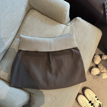 Formázó kötött színblokkolt rövid szoknya gyapjúból, szoros fazon, 2025 ősz, magas rugalmasság, mindennapi japán-koreai stílus