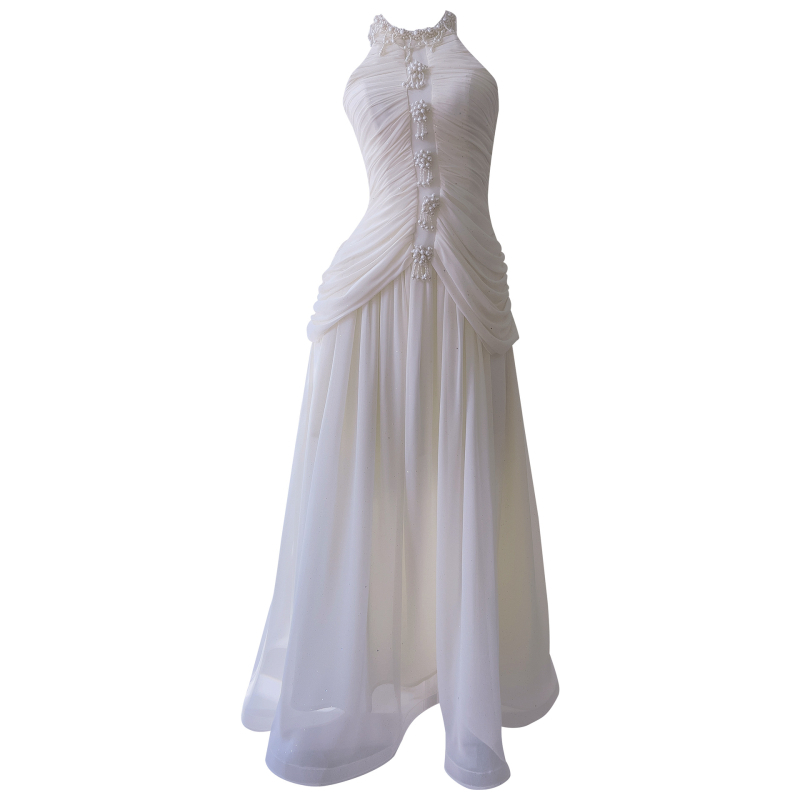 Duža bezrukna haljina s halter vratom, struk seže vezom, jednobojni poliester, plisiranje, elegantna