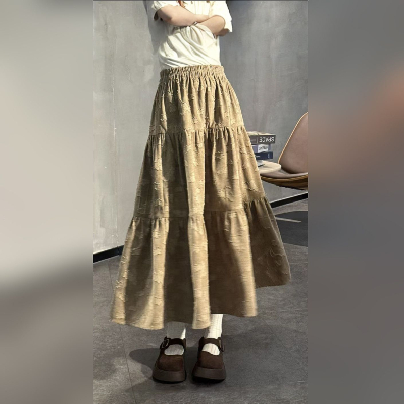 Xiao Zhuo suknja — cvjetni izrez, umjetnički jesensko-zimski stil, visok struk, A-silueta, vintage vunena smjesa
