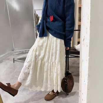 A-linijska midi suknja s čipkom i velurom, pamukova smjesa 30–50%, casual japansko-korejski stil