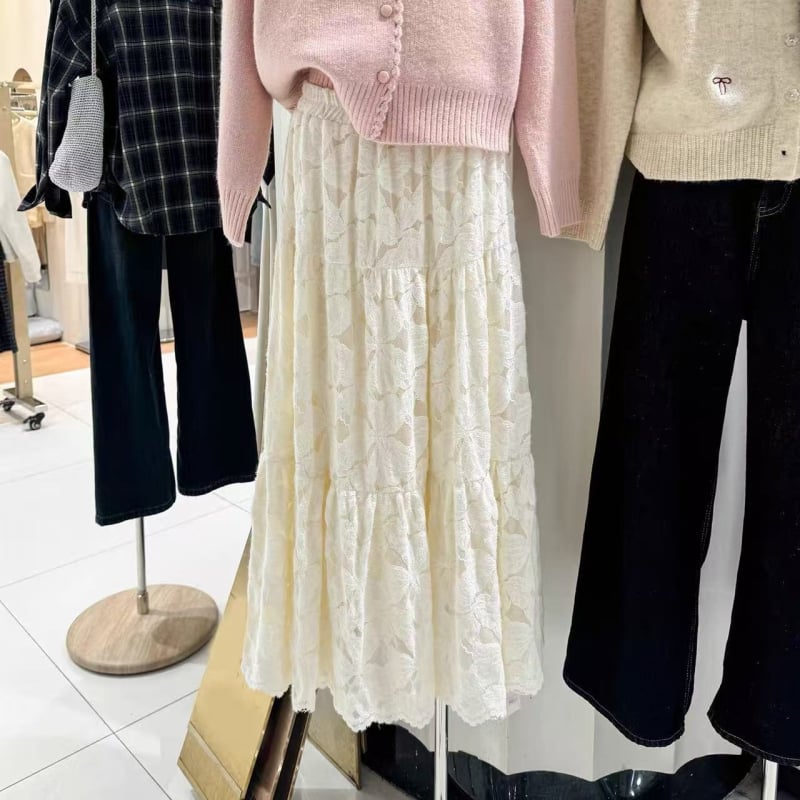 A-linijska midi suknja s čipkom i velurom, pamukova smjesa 30–50%, casual japansko-korejski stil