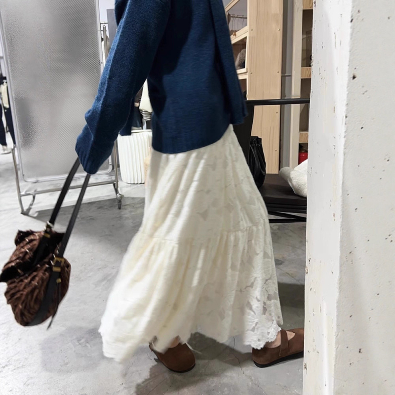 A-linijska midi suknja s čipkom i velurom, pamukova smjesa 30–50%, casual japansko-korejski stil