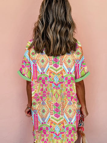 Rochie-cămașă pentru femei, mâneci scurte, imprimeu geometric, talie înaltă, croială în A-line, guler rever, poliester