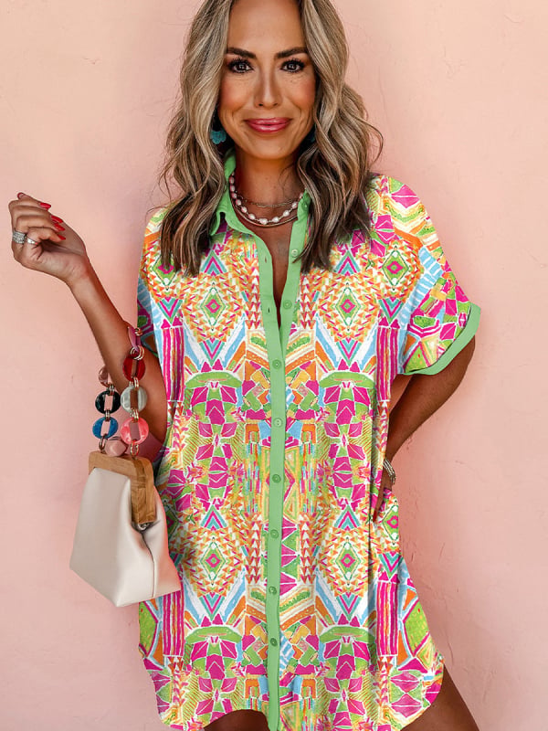 Rochie-cămașă pentru femei, mâneci scurte, imprimeu geometric, talie înaltă, croială în A-line, guler rever, poliester
