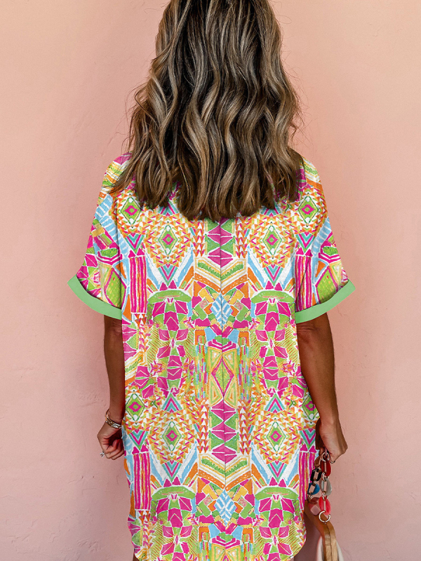 Rochie-cămașă pentru femei, mâneci scurte, imprimeu geometric, talie înaltă, croială în A-line, guler rever, poliester