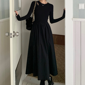 Hepburn stil pletene haljine s dugim rukavima i prorezima, jednobojna, pamukova smjesa, uski kroj