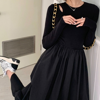 Hepburn stil pletene haljine s dugim rukavima i prorezima, jednobojna, pamukova smjesa, uski kroj