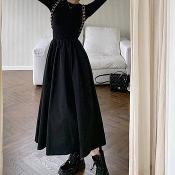 Hepburn stil pletene haljine s dugim rukavima i prorezima, jednobojna, pamukova smjesa, uski kroj