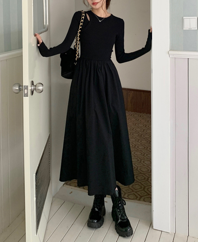Hepburn stil pletene haljine s dugim rukavima i prorezima, jednobojna, pamukova smjesa, uski kroj