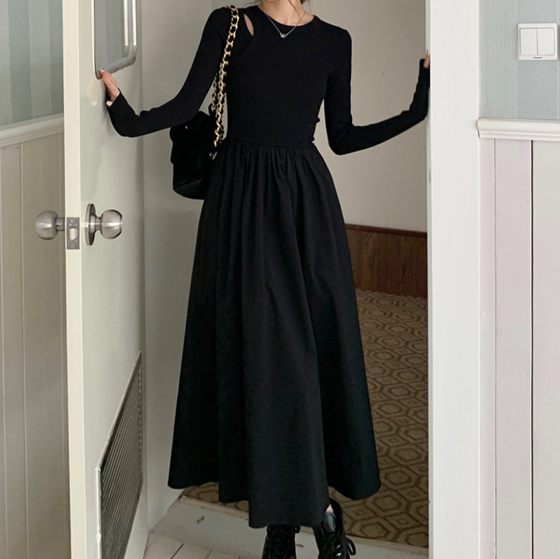 Hepburn stil pletene haljine s dugim rukavima i prorezima, jednobojna, pamukova smjesa, uski kroj