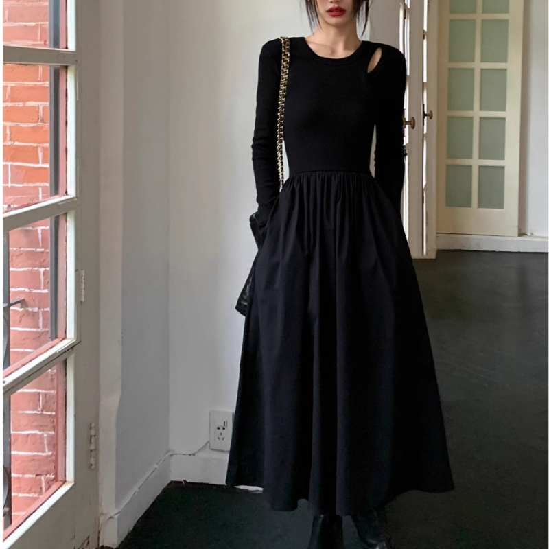 Hepburn stil pletene haljine s dugim rukavima i prorezima, jednobojna, pamukova smjesa, uski kroj