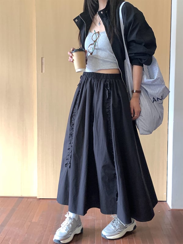 HOOOZEN A-linijska duga suknja, korejsko-japanskog opuštenog stila, poliester s mješavinom pamuk-svilom (30–50% pamuk-svilu), proljeće 2025