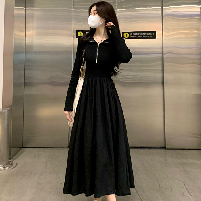 Korejski stil umjetnička haljina, midi A-linija, dugi rukav polo ovratnik, visoki struk, poliester, 3D uzorak