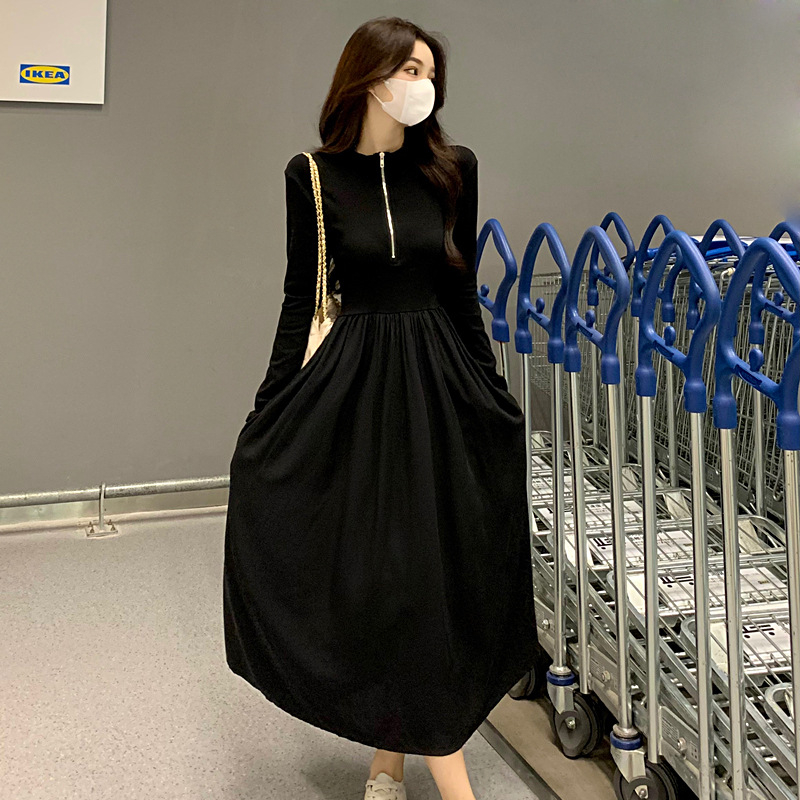 Korejski stil umjetnička haljina, midi A-linija, dugi rukav polo ovratnik, visoki struk, poliester, 3D uzorak