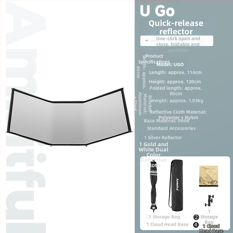 Zhijie U-Go – Reflector pliabil pentru iluminat moale, formă U curbată, pentru portrete, natură statică și video; Sarcină maximă 2–5 kg; Greutate netă 1,03 kg; Model U-Go